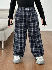 SHEIN Leap Crew Young Girl Girls Plaid Print Casual Pants For Young Girls And Toddler Girls, Great For Casual & Daily Wear & School Daily In Spring And Autumn,Mom And Daughter Matching,Sister And Me Matching - Black - View 6