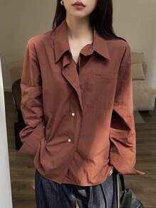 DAZY 女士休闲纯色长袖单排扣宽松衬衫，秋季女装
