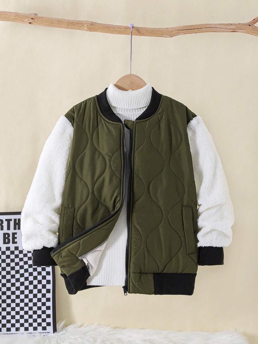 Tween Boys Green Padded Patchwork Fluffy Jacket, Autumn/Winter - Green - View 1