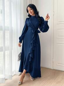 Modelyn Women Fashion Solid Color Belted Long Sleeve Dress,Elegant Evening Party Dress Long Evening Dresses