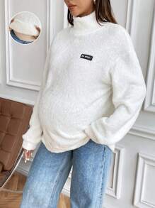 SHEIN Sudadera deportiva casual de maternidad de manga larga con cuello alto y decoración esponjosa de etiqueta, para invierno