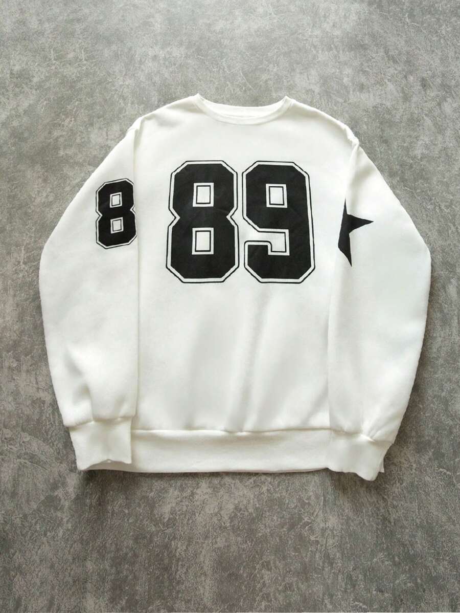 SHEIN EZwear 女式秋冬款超大落肩圆领星星和数字印花运动衫