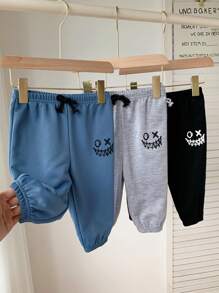 SHEIN 3pcs/Set Baby Boy/Girl Casual Daily Versatile Street Fashion Academy Style Black/Gray/Blue Smiling Face Print Knitted Sweatpants, Suitable For Home, Outdoor, Play - Multicolor - View 5
