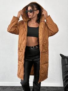 SHEIN Tall Women Quilted Camel Winter Hooded Winter Coat - Camel - View 5