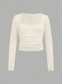 SHEIN Girlism Tween Girl 3pcs/Set Fitted Casual Simple Comfortable Solid Color Ruched Side Long T-Shirt, Fall Top - Brown - View 5