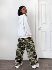 2pcs Tween Girl Letter Pattern Hooded Pouch Sweatshirt & Camouflage Jogger Pants Set, Casual - Army Green - View 2