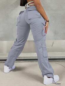 Women Plain Color Cargo Pocket Straight Leg Loose Casual Pants - Light Grey - View 2