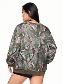 ROMWE Grunge Punk Casual Streetwear Withered Branch Print Colorblock Letter Embroidered Loose Sweatshirt, Plus Size