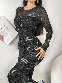 Modelyn Đầm lưới dài cổ tròn in họa tiết cho nữ, mặc thường ngày - Xám - Xem 3