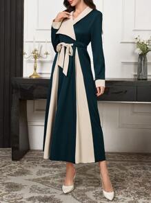 Mulvari Sukienka damska asymetryczna z długim rękawem i patchworkiem