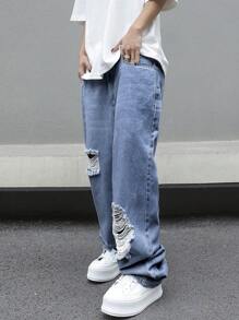 Manfinity EMRG Men's Casual Distressed Loose Jeans, Men Ripped Jeans, Baggy Jeans, Men Loose Fit Jeans - Medium Wash - View 3