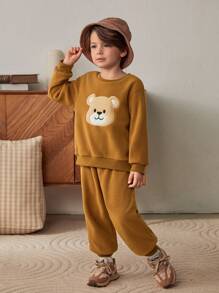 Cozy Pixies 2 pièces set: sweat-shirt à capuche à manches longues avec motif ours de bande dessinée col rond + Pantalon de jogging pour les jeunes garçons - Camel - Voir 4