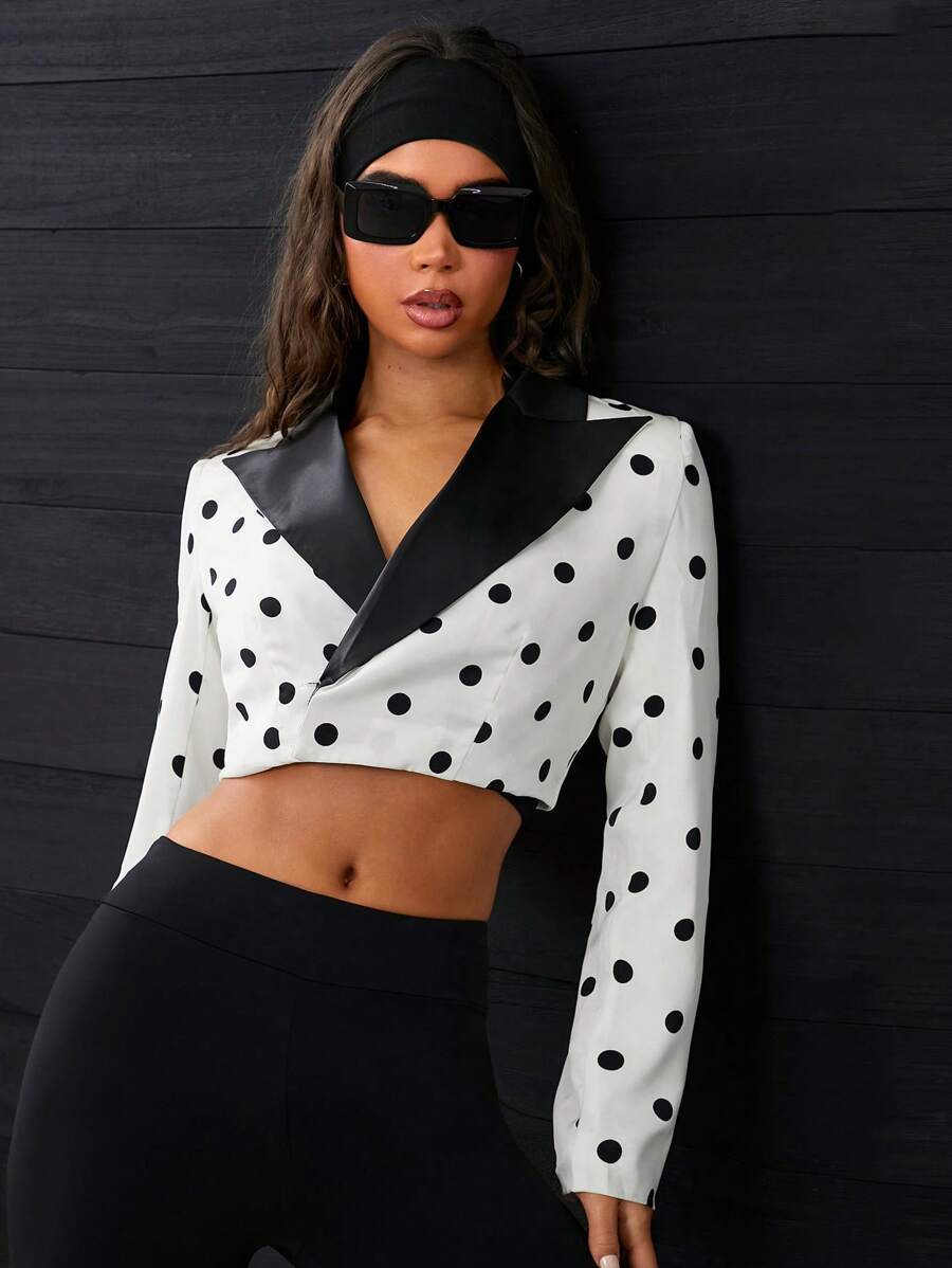 SHEIN SXY Elegant Sexy Dotted Patchwork Suit Jacket For Women - Black and White - View 1