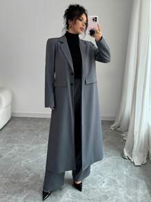 Elenzga Deep Gray Lapel Dropped Shoulder Long Suit Pants For Women