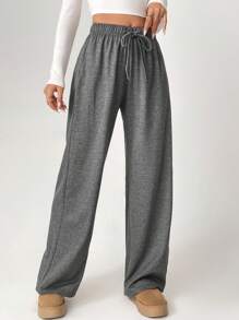 SHEIN Tall Women's Drawstring Straight Leg Sweatpants - Dark Grey - View 3