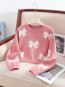 SHEIN Tween Girls Oversized Casual Comfy Round Neck Pullover Long Sleeve Bow Pattern Sweater,In Fall/Winter - Pink - View 2