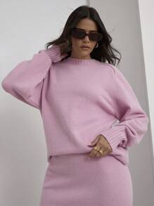 COSMINA 2pcs/Set Women Casual Pink Color Sweater & Extended Length Skirt Set, Autumn/Winter - Baby Pink - View 6