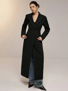 Poéselle Women's Solid Color Lapel Neck Double Button Long Elegant Jacket, Regular Fit, For Autumn