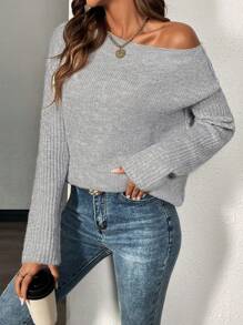 Chiquease 1pc Women Crewneck Contrast Rib Knit Sweater, Gray, Warm For Winter Knit Pullover Fall Outfit - Grey - View 4
