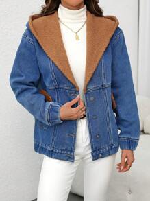 SHEIN LUNE Women's Casual Single-Breasted Denim Fleece Hooded Jacket, Autumn/WinterThermal Thickened Denim - Blue - View 6