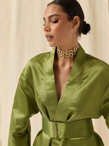 COSMINA Women's Elegant Solid Color Bell Sleeve Mini Dress, Autumn - Olive Green - View 4