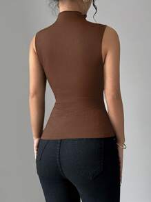 Elenzga 女士紧身性感 3D 网眼花卉丝带无袖背心 - 咖啡棕 - 查看 2