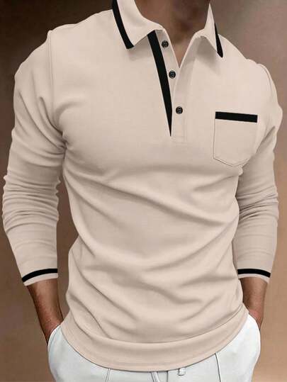 Manfinity Homme Herren Herbst Kontrast Farbe Langarm Lässig Pendler Poloshirt, für den Herbst