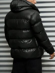 EURMUSE Men High Collar 2 Zipper Shiny Fabric Regular Puffer Coat - Black - View 2