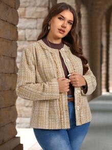 EMERY ROSE Quần áo mùa đông cỡ lớn cho phụ nữ Áo khoác cho phụ nữ Trang phục giữ nhiệt Áo khoác kẻ sọc đơn hàng khuy thô viền thô - Màu Khaki - Xem 6