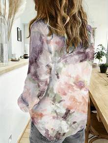 Tie-Dye Print Casual Shirt, Minimalist Button-Up Long Sleeve Blouse, Women Vacation Wear, Spring/Summer