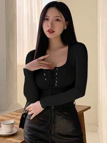 DAZY 女士纯色系带长袖 T 恤，适合秋季日常休闲穿着，秋季女装 - 黑色 - 查看 3