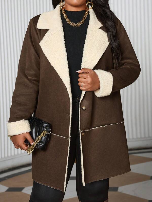 SHEIN Lady Autumn And Winter Casual Elegant Work Office Khaki Woven Suede Waterfall Long Sleeve Plus Size Fluffy Coats Fall Women Outfits Women Costumes Thanksgiving Outfit Halloween Women Costumes Thanksgiving Women Outfit Long Women Coats