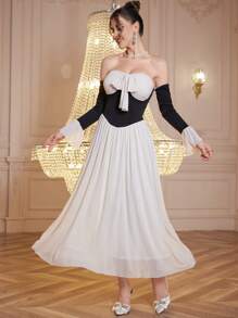Modelyn 1 pièce Robe de soirée longue à épaules dénudées, nœud papillon, bloc de couleur contrastée - Nude - Voir 5