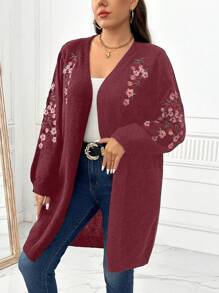 SHEIN Clasi 大码休闲花卉刺绣前开宽松开衫，适合秋冬季 - 酒紅色 - 查看 5