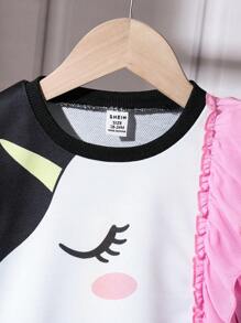 Bộ quần dài họa tiết kỳ lân cổ tròn tay dài cho bé gái mùa thu và nơ trang trí, thích hợp mặc ngoài trời và trong nhà - màu đen - Xem 3