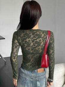 DAZY Sheer Lace Turtleneck Slim Fit Long Sleeve Blouse For Women Going Out Tops,Fall Clothes - Army Green - View 2