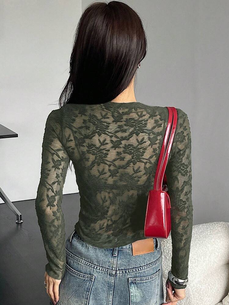 Sheer Lace Turtleneck Slim Fit Long Sleeve Blouse For Women Going Out Tops,Fall Clothes
