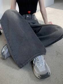 DAZY 女士休闲宽松破洞阔腿牛仔裤，带侧袋，适合春秋季节，宽松牛仔裤 - 黑色 - 查看 4