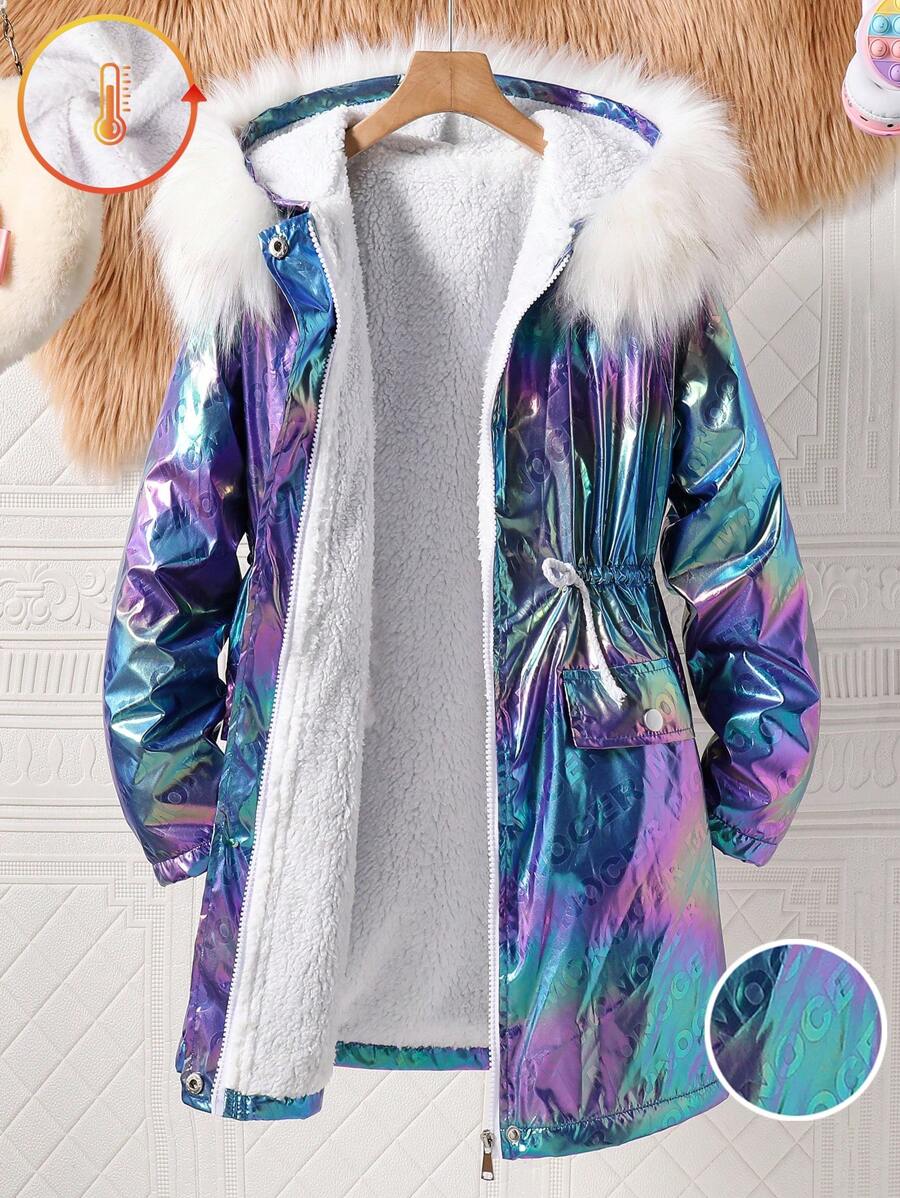 SHEIN Tween Girl Laser Design Drawstring Waist Fluffy Collar Hooded Thicken Jacket, Winter - Red Violet - View 1