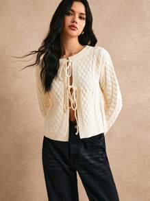 Poéselle Áo len cardigan ngắn buộc dây phía trước màu trơn thường ngày cho nữ, mùa thu/đông - Màu be - Xem 7