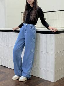 Tween Girl Casual Fashion Ripped Bowknot Embroidered Washed Straight Leg Jeans,Holiday,Summer,Travel, School, Campus, College - Medium Wash - View 10