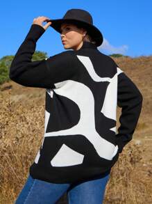 RueChic Plus Size Casual Colorblock Asymmetrical Pattern Cardigan, Autumn/Winter