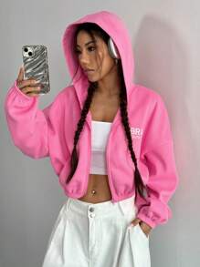 SHEIN Unity 秋季短款宽松字母刺绣套头衫 - 粉色 - 查看 1