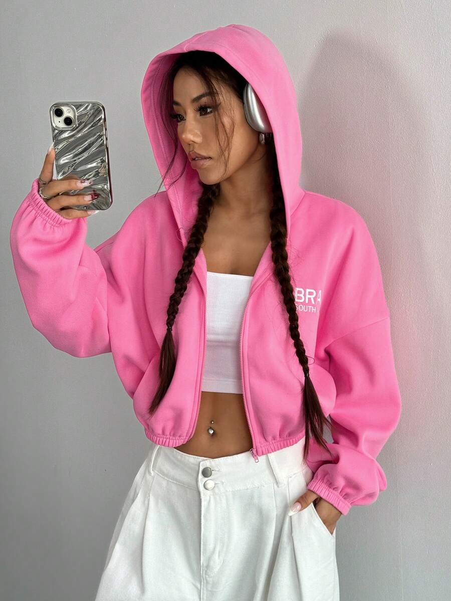 SHEIN Unity 秋季短款宽松字母刺绣套头衫 - 粉色 - 查看 1