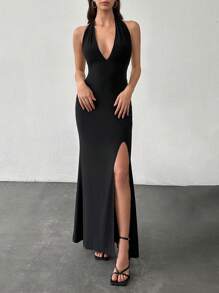 SHEIN PETITE Solid Split Thigh Halter Neck Split Thigh Backless Dress - Black - View 1