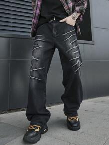 Manfinity EMRG 男士休闲直筒洗水牛仔裤 - 黑色 - 查看 7