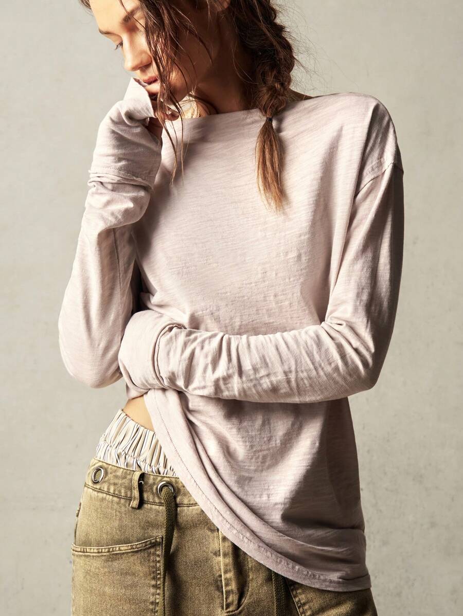 Bohemela 大码女式纯色船领落肩长袖休闲T恤 - 米色 - 查看 1