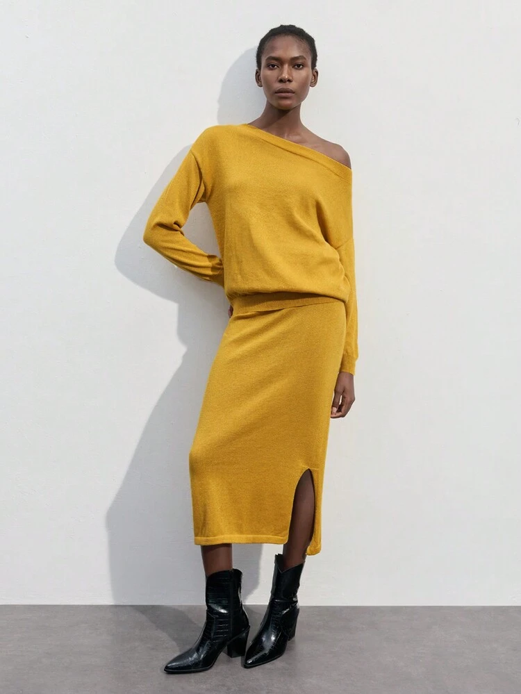 SHEIN Maija 2pcs Women Solid Color Asymmetrical Collar Long Sleeve Top And Split Hem Skirt Knitted Sweater Set