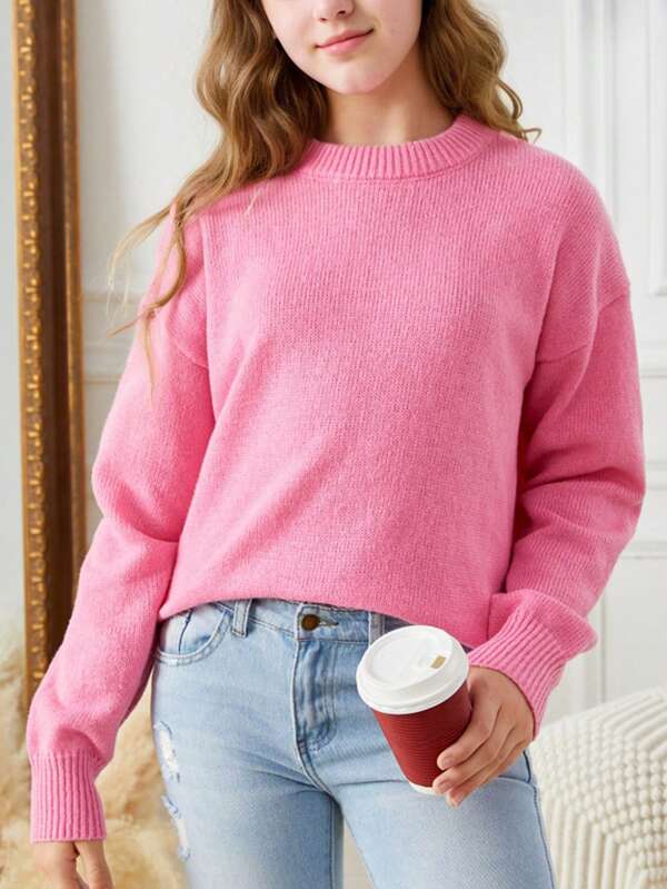 SHEIN Tienermeisjes effen gebreide ronde hals zachte en warme casual trui, herfst/winter
