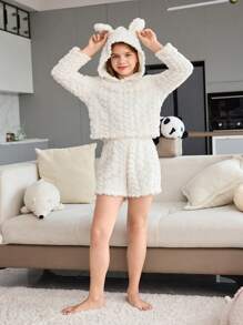 Tween Girls White Fluffy Hooded Long Sleeve Sleepwear And Shorts Pajama Set